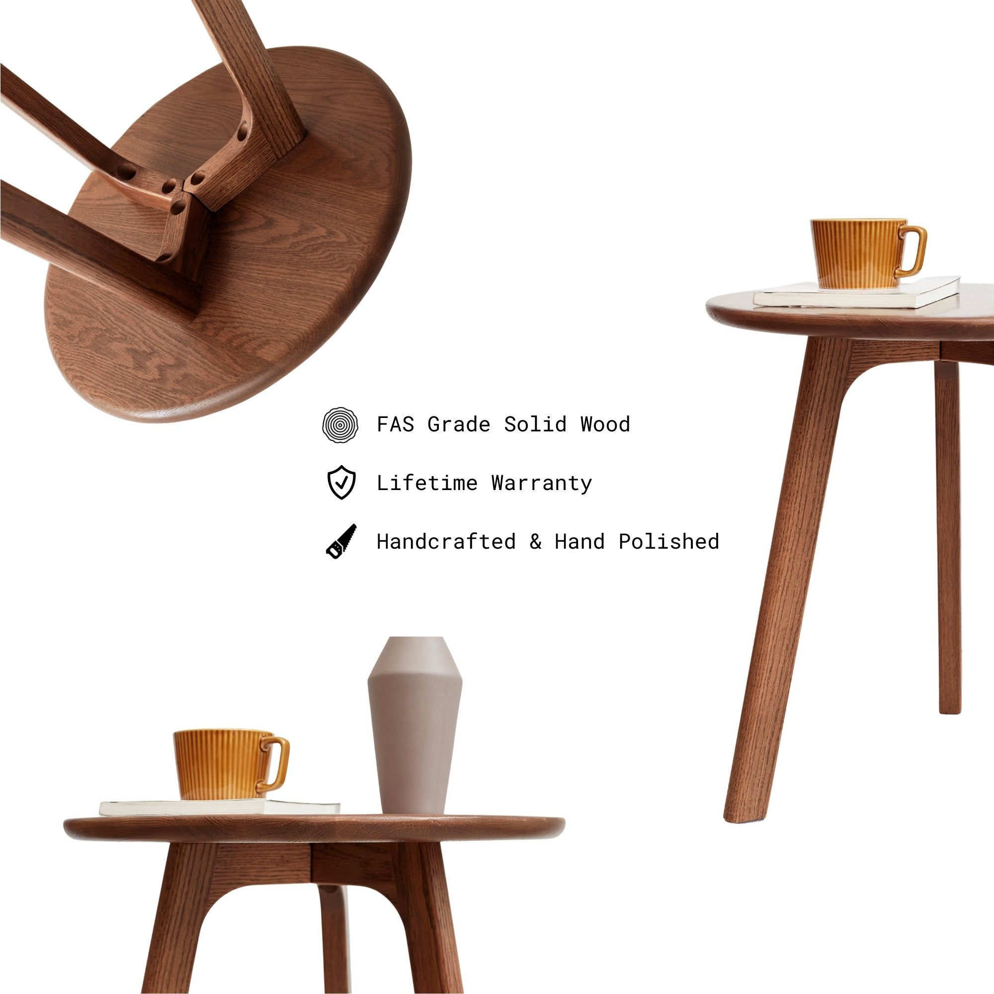 This round side table is handmade made from solid wood. It features a round design and is made of dark walnut wood. The small size of the table makes it perfect for use as a coffee table or occasional table.