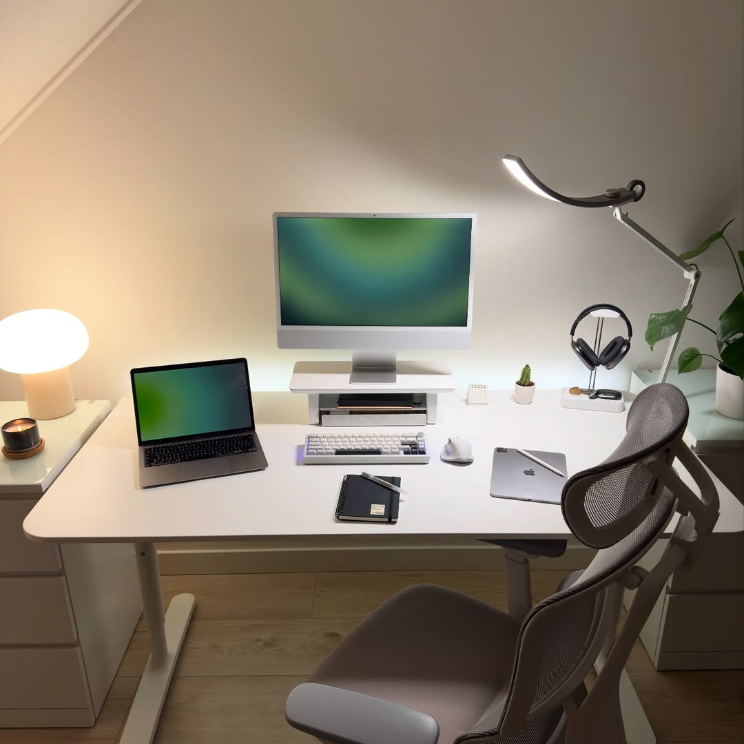 Desk Shelf White Setup Cockpit Dual Monitor Stand Grovemade Balolo